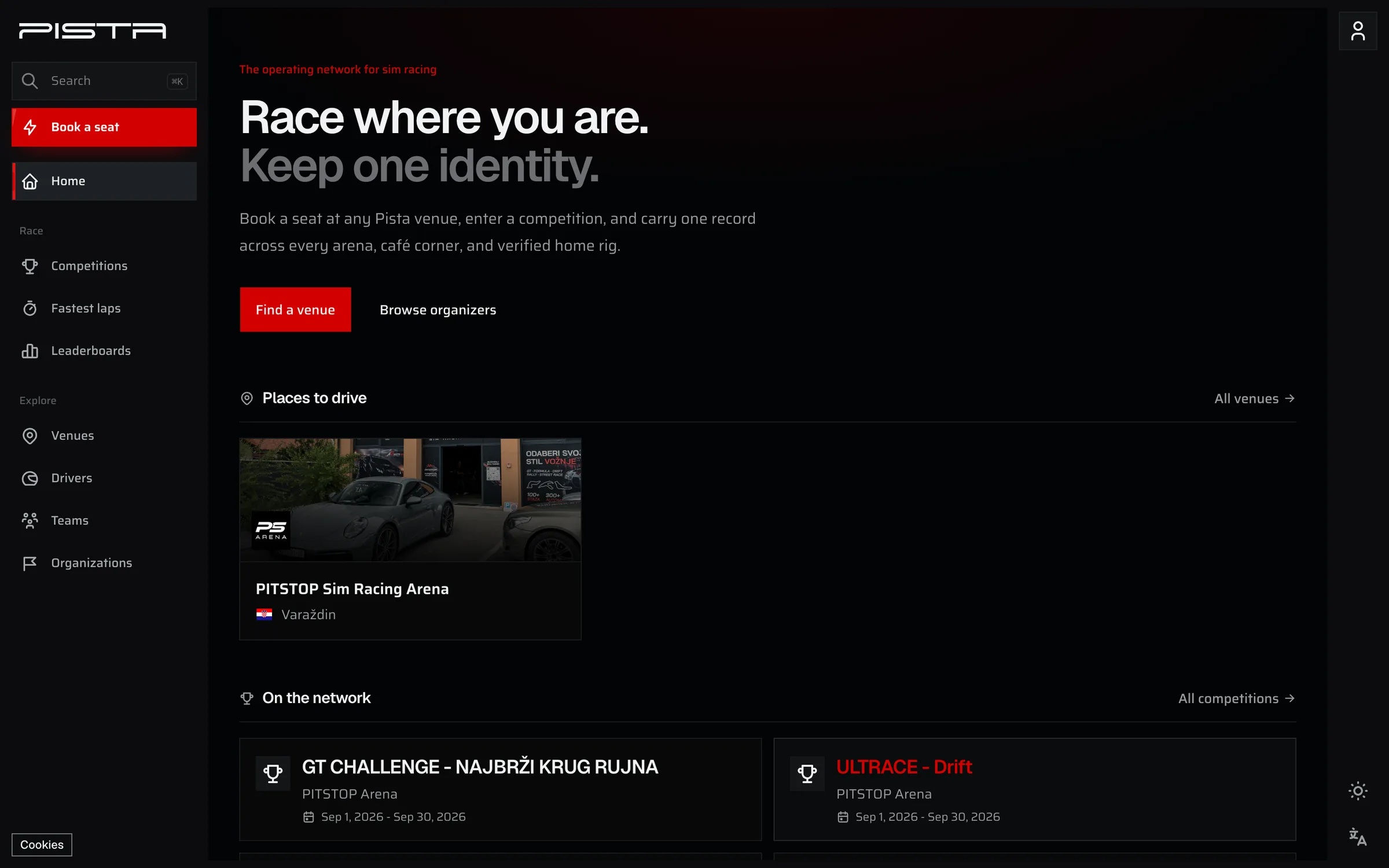 PISTA home page: book a seat, venues, and live competitions